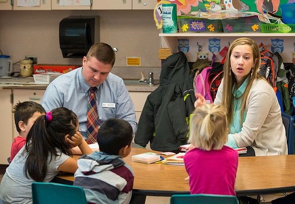 A Student Teacher, at Jefferson Elementary School in Rigby, Idaho, is evaluated by Jeff Pulsipher of the Teacher Education Department.
