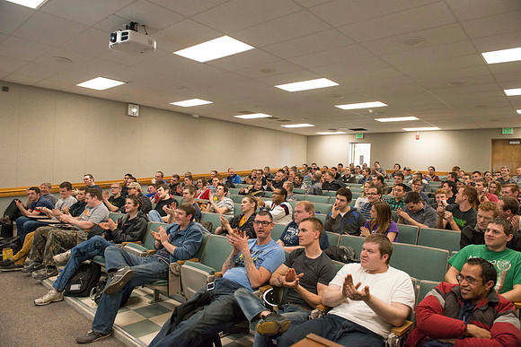 SK Tools representative Rob Conrad speaks to Automotive and Engineering students in the Austin Builiding.