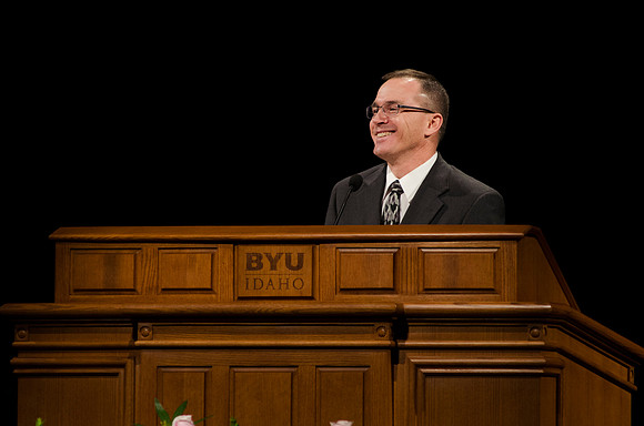 Brother Rick Hirschi addresses the student body at Devotional on 1/20/15.