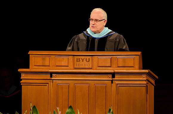 Paul V. Johnson, Commissioner of the Church Educational System speaks during the Commencement Ceremony. Photo by Erik Hill.