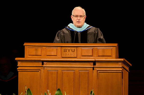 Paul V. Johnson, Commissioner of the Church Educational System speaks during the Commencement Ceremony. Photo by Erik Hill.