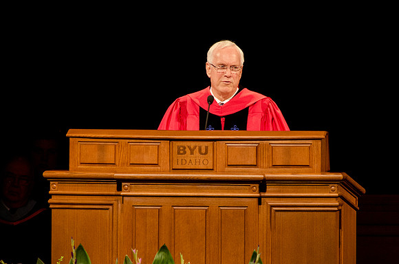 Elder Robert C. Gay of the First Quorum of the Seventy addresses students during the Commencement Ceremony. Photo by Erik Hill.
