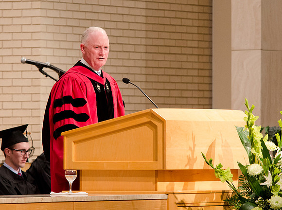 President Kim B. Clark speaks during the College of Physical Science and Engineering Convocation. Photo by Erik Hill