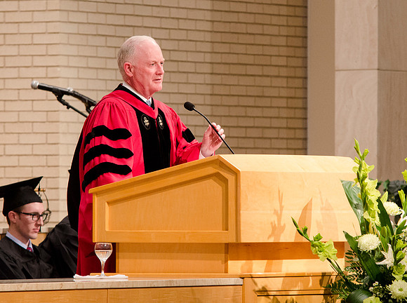 President Kim B. Clark speaks during the College of Physical Science and Engineering Convocation. Photo by Erik Hill