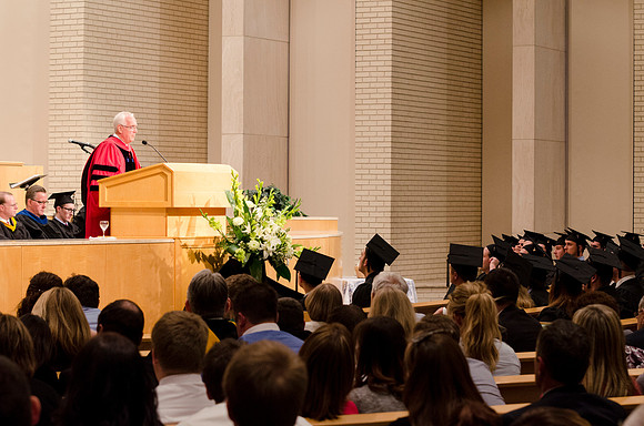 Elder Robert C. Gay of the first Quorum of the Seventy speaks during the College of Physical Science and Engineering Convocation. Photo by Erik Hill