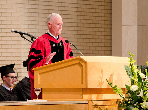 President Kim B. Clark speaks during the College of Physical Science and Engineering Convocation. Photo by Erik Hill.