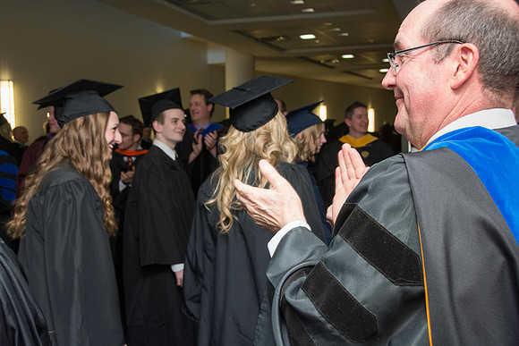 Graduates march in during the processional at the beginning of Graduation at BYU-Idaho.