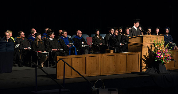 Convocation Ceremonies for the College of Business and Communication in the Hart Auditorium at BYU-Idaho. Student Speaker, Andrew F. Gordon