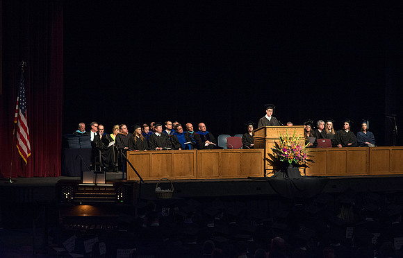 Convocation Ceremonies for the College of Business and Communication in the Hart Auditorium at BYU-Idaho. Student Speaker, Andrew F. Gordon