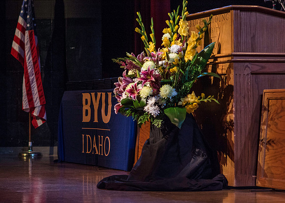 Vice President, Henry J. Eyring, speaks to graduates of Interdisciplinary Studies during convocation in the Kirkham auditorium at BYU-Idaho.