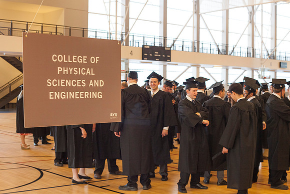 College of Physcial Science and Engineering graduates gather in the I-Center before the Commencement Ceremony begins.