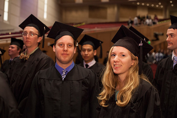 Student gather in the I-Center for the April Commencement Ceremony to listen to inspiring remarks from President Clark and Elder Robert C. Gay.