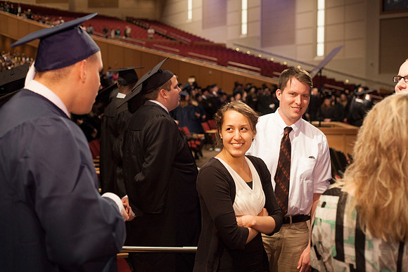 Student gather in the I-Center for the April Commencement Ceremony to listen to inspiring remarks from President Clark and Elder Robert C. Gay.
