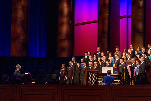 BYU-Idaho Collegiate Singers sing "Let Zion In Her Beauty Rise" during the April Commencement Ceremony.