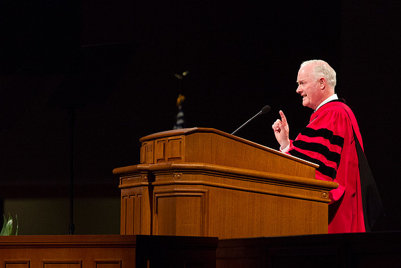 President Kim B. Clark gives some inspiring remarks during the April Commencement.