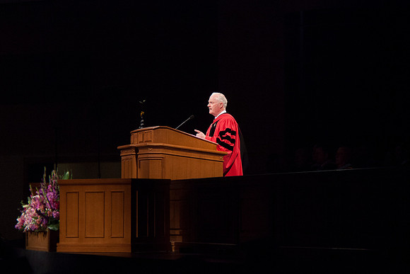 President Kim B. Clark gives some inspiring remarks during the April Commencement.