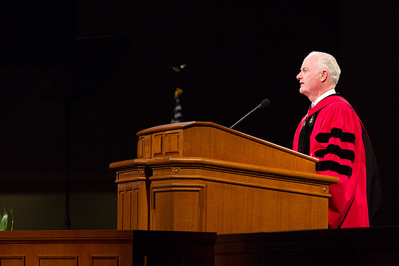 President Kim B. Clark gives some inspiring remarks during the April Commencement.