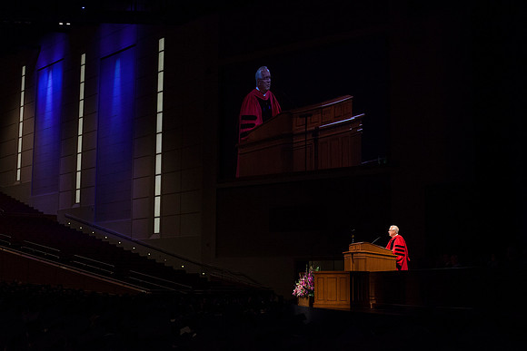 Elder Robert C. Gay of the First Quorum of the Seventy, speaks to the BYU-Idaho graduates during the 2015 April Commencement Ceremony.