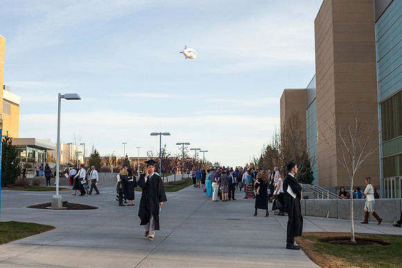 Students gather with family and friends outside the I-Center.