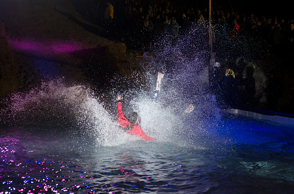 Students at Brigham Young University-Idaho take part in the annual Pond Skimming event held on campus at BYU-Idaho. Students wait in the cold or take the daring attempt to skim a pool of water using a