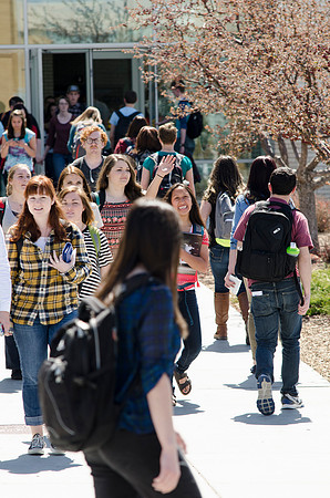 Spring semester 2015 begins with sunshine and blossoms. Students come back to school and look forward to summer in Rexburg. Photo by Erik Hill.
