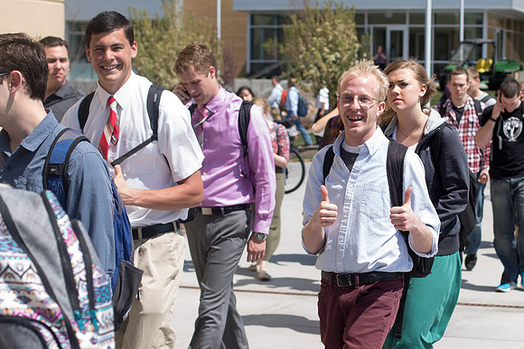 Students make their way to devotional.