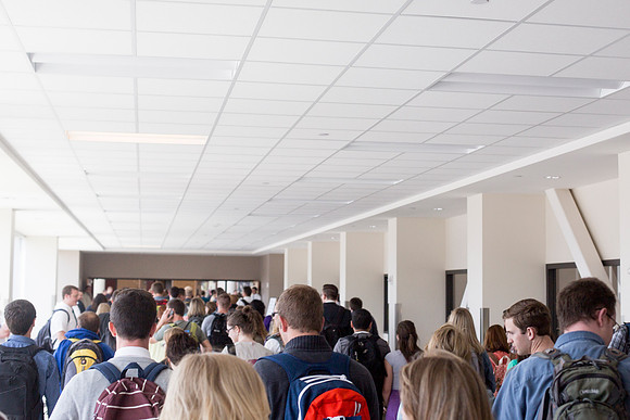 Students make their way into Devotional.