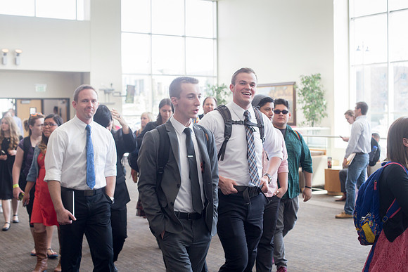 Students make their way into Devotional.