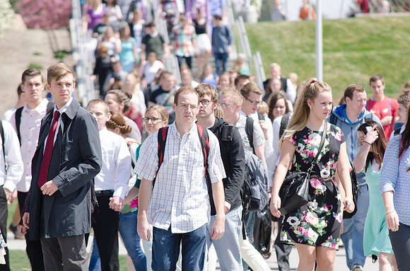 Students make their way into Devotional.