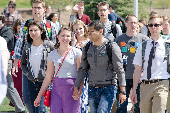 Students make their way into Devotional.
