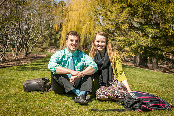 A newly engaged couple enjoy themselves in the gardens on the first day of the Spring Semester.