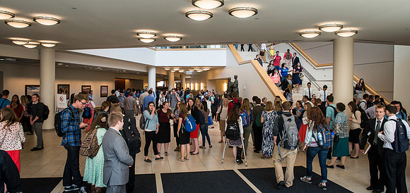 Students make their way into Devotional.