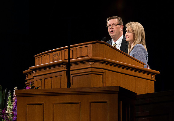 President & Sister Gilbert share the podium while speaking to BYU-Idaho students the first devotional of Spring 2015 Semester.