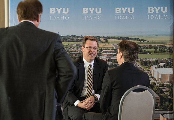 BYU-Idaho's new President, Clark G. Gilbert meets with the press. Marc Stevens opens up the press conference to the media for questions and answers.