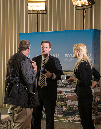 BYU-Idaho's new President, Clark G. Gilbert meets with the press. Marc Stevens opens up the press conference to the media for questions and answers.