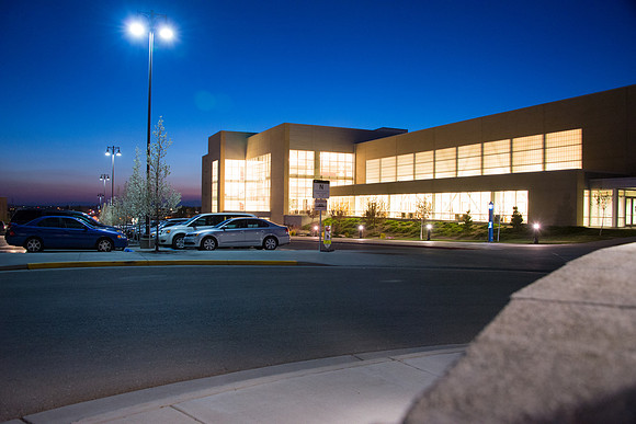 The sun goes down over the BYU-I Center the night of I-Night.