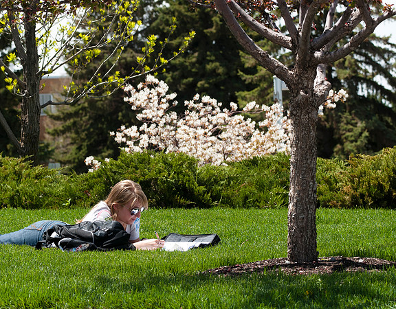 Student Chloe Beaudoin does some homework on the grass on campus.