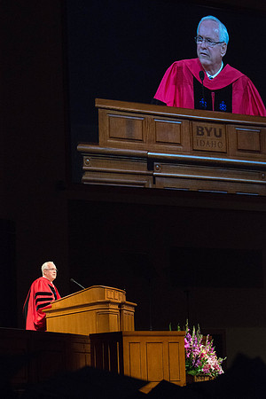 Elder Robert C. Gay, of the quorum of the seventy, speaks at Brigham Young University-Idaho's commencement ceremony. Photo by Ryan Chase