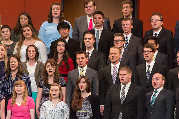 The Brigham Young University-Idaho Collegiate Singers performing at devotional.