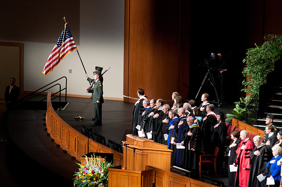 Winter 2012 Commencement, color guard presents and places the US and state flags