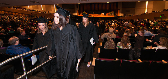 Winter 2012 Commencement, Graduates file out of the BYU-Idaho center during the recessional