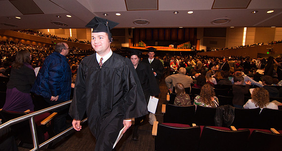 Winter 2012 Commencement, Graduates file out of the BYU-Idaho center during the recessional