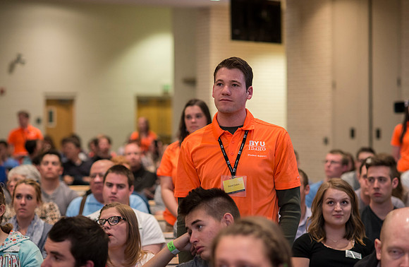 New Freshman and their parents Get Connected with BYU-Idaho's new President and his wife during an orientation meeting.