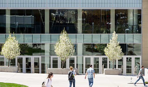 Trees blossoming on the East side of the BYU-I Center.
