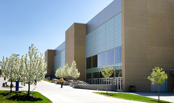 Trees blossoming on the East side of the BYU-I Center.