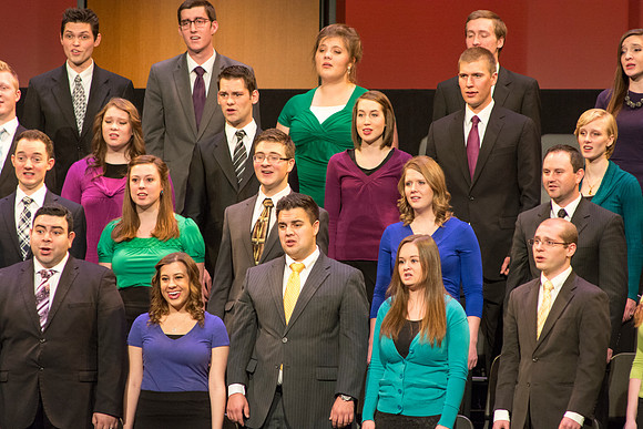 Brigham Young University-Idaho's Collegiate Singers perform at the Worldwide Devotional held in the BYU-Idaho Center on Sunday, 11 January, 2015. Photo by Ryan Chase