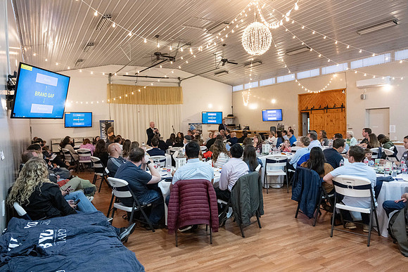 Alumni in the Cache Valley area gather at Eagles Landing Event Center, in Smithfield, Utah and get the chance to listen to and meet President Meredith.