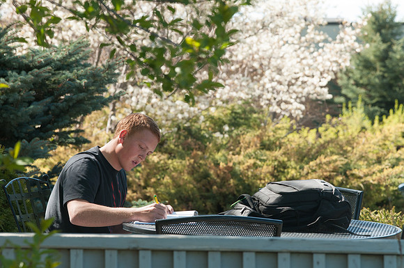 A student finds a quiet place to study in the garden.