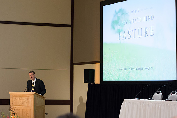 President Clark Gilbert speaks at the President's Advancement Council meet.
