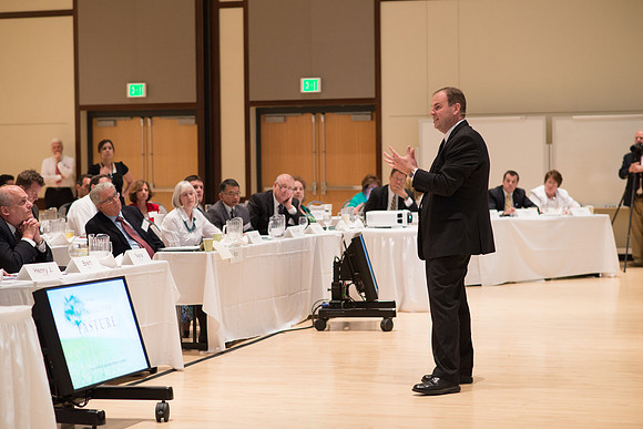 Eric Conrad leads a discussion on the use of the BYU-Idaho Center at the President's Advancement Council.